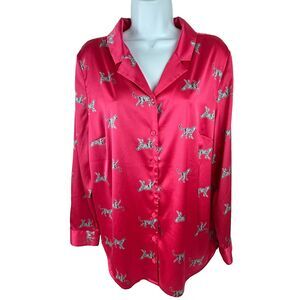 Denim & Company Pink Satin Tiny Leopard Print Top Shirt Blouse Size L
